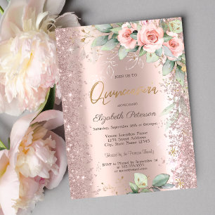 Glitter Confetti Rose Gold Roses Quinceanera Invitation