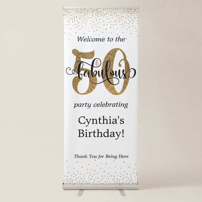 Glitter Confetti & Script 50 & Fabulous Birthday Retractable Banner (Front)