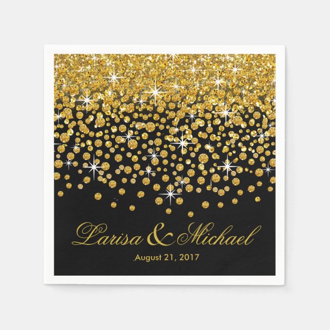 Glitter Confetti Shower | gold black Paper Napkins (Front)