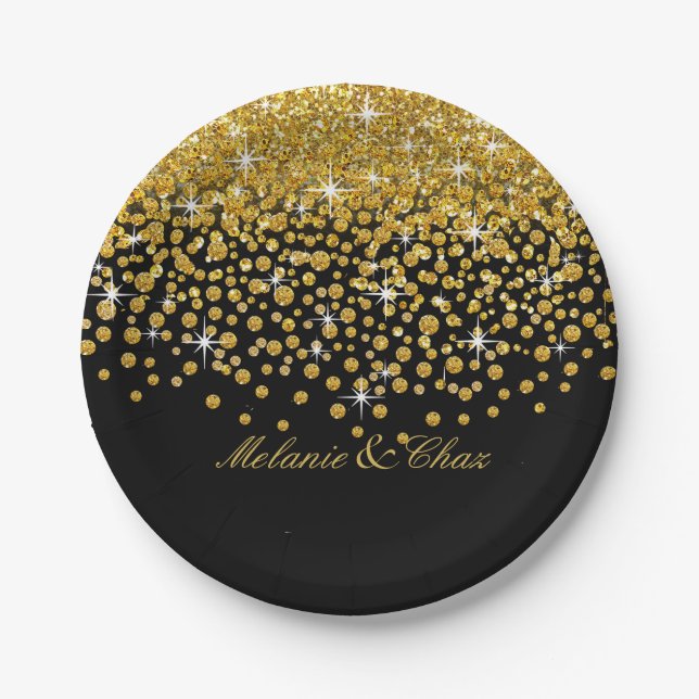 Glitter Confetti Shower | gold black Paper Plates (Front)