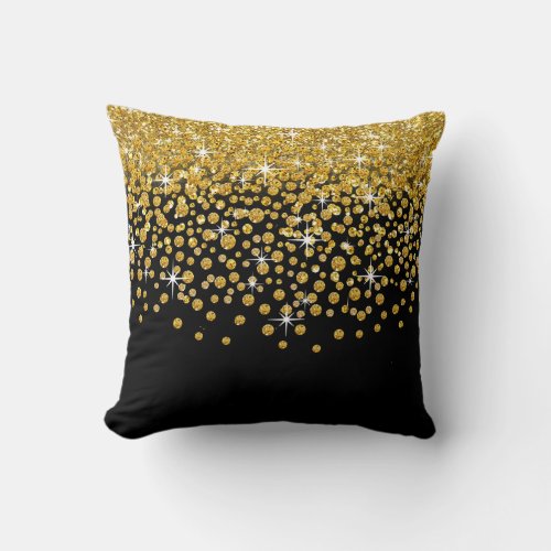 Glitter Confetti Shower  gold black Throw Pillow