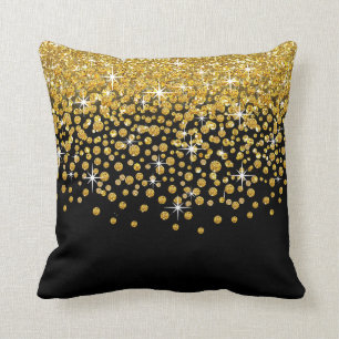 Glitter Confetti Shower gold black Throw Pillow