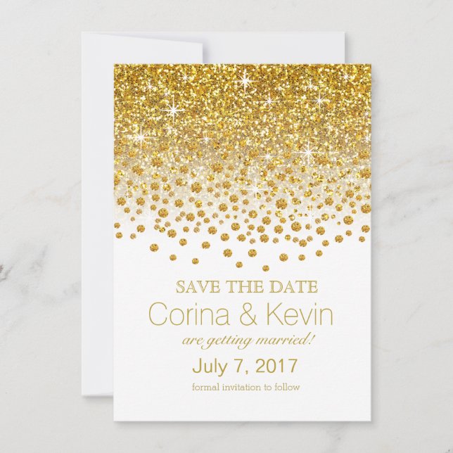 Glitter Confetti Shower Save the Date gold white (Front)