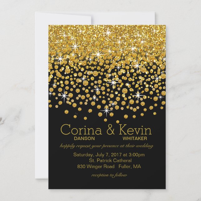 Glitter Confetti Shower Wedding | gold black Invitation (Front)