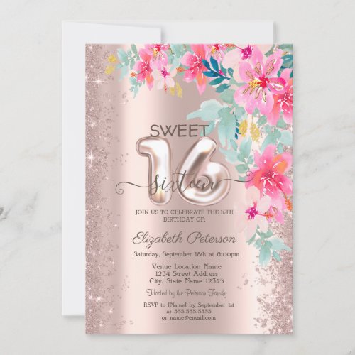 Glitter Confetti Spring Flowers Rose Gold Sweet 16 Invitation