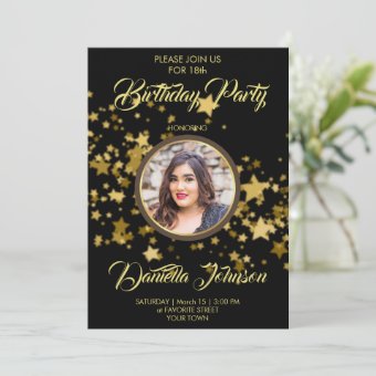 Glitter confetti stars custom photo birthday invitation | Zazzle