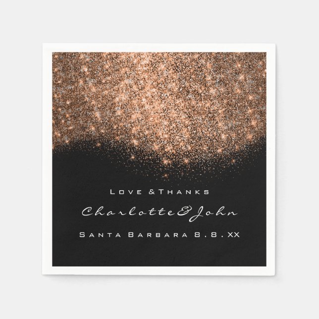 Glitter Copper Black White Thank You Name Napkins (Front)