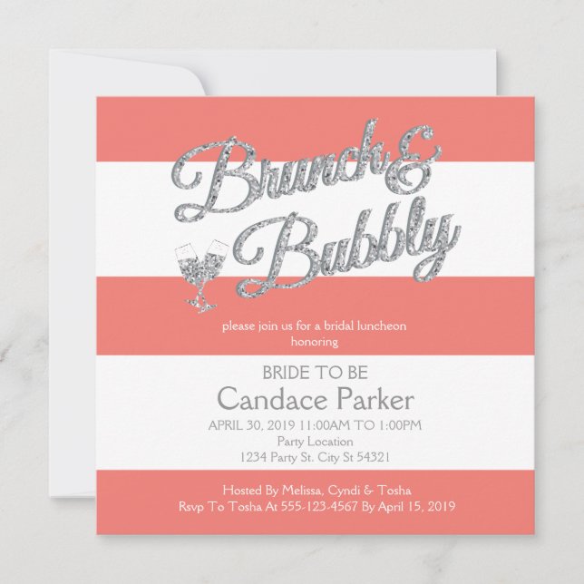 Glitter, Coral Bridal Shower Invitations (Front)