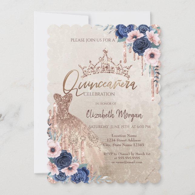 Glitter Crown Drips,Dress,Blue Roses Quinceañera   Invitation (Front)
