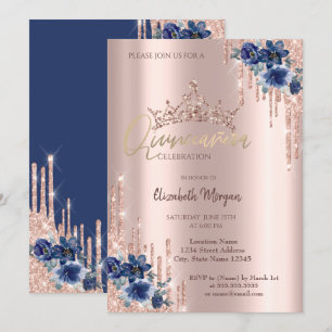 Glitter Crown Drop Blue Flowers Quinceañera Invitation