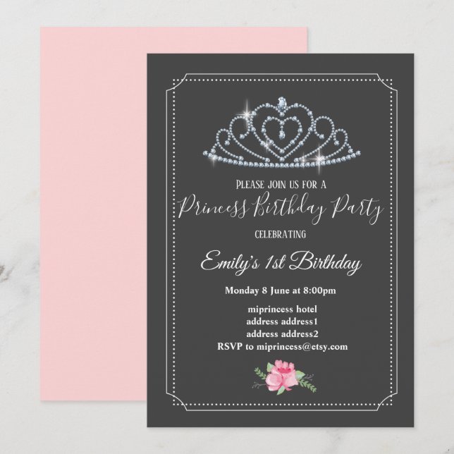 glitter crown, princess, princess girl birthday invitation (Front/Back)