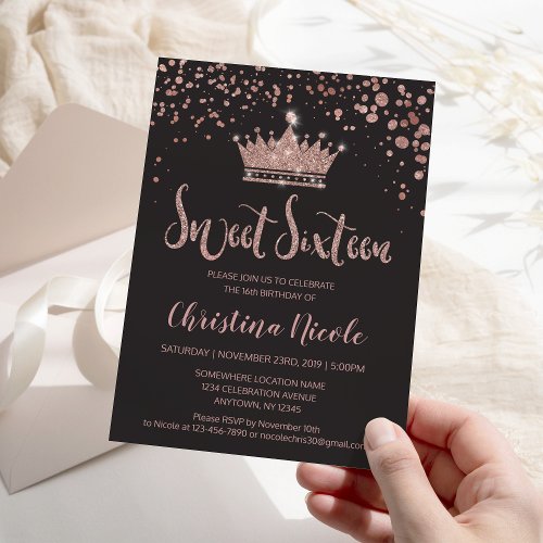 Glitter Crown Rose Gold Gray Confetti Sweet 16 Invitation