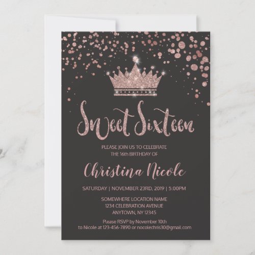 Glitter Crown Rose Gold Gray Confetti Sweet 16 Invitation