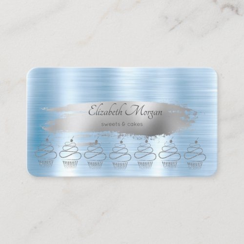 Glitter Cupcakes Silver Brush Stroke Blue Metallic Business Card
