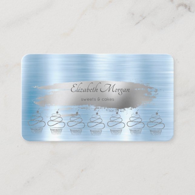Glitter Cupcakes Silver Brush Stroke Blue Metallic Business Card (Front)