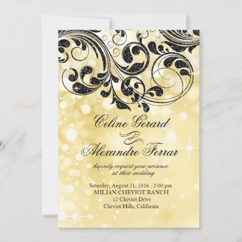 Glitter Curlicues on Faux Metallic Bokeh gold Invitation