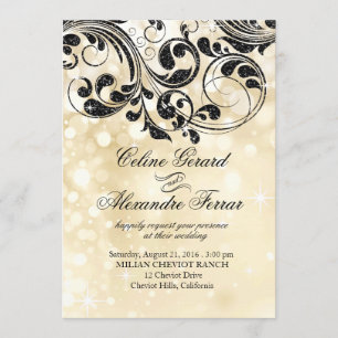 Glitter Curlicues on Faux Metallic Bokeh ivory Invitation
