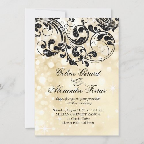 Glitter Curlicues on Faux Metallic Bokeh ivory Invitation