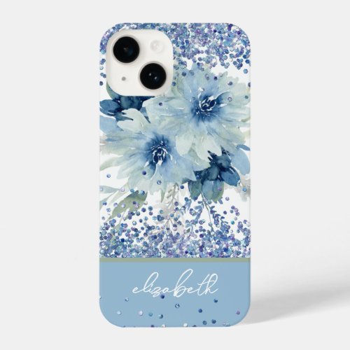 Glitter Custom Blue Floral Personalized Name iPhone 14 Case