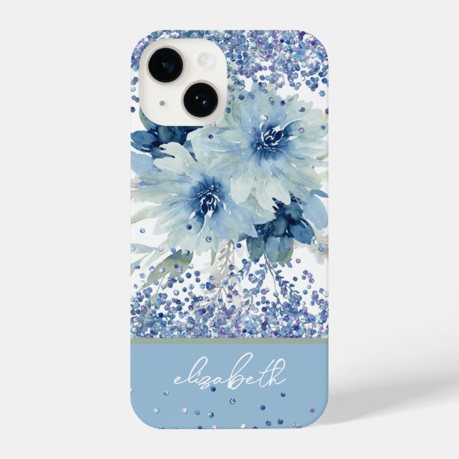 Glitter Custom Blue Floral Personalized Name iPhone Case (Back)