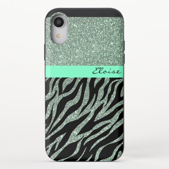 Glitter Custom Name Zebra Pattern Sparkle Silver Uncommon iPhone Case (Back)
