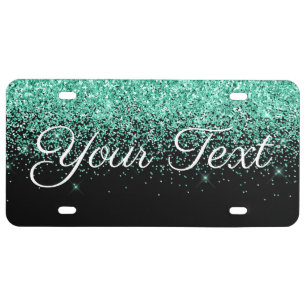 Glitter Custom Text License Plate Aqua Black