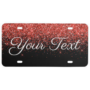 Glitter Custom Text License Plate Red Black