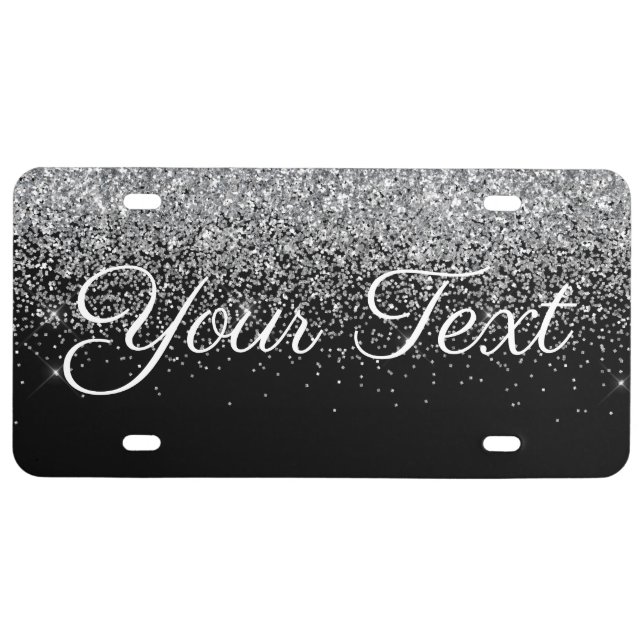 Glitter Custom Text License Plate Silver Black (Front)