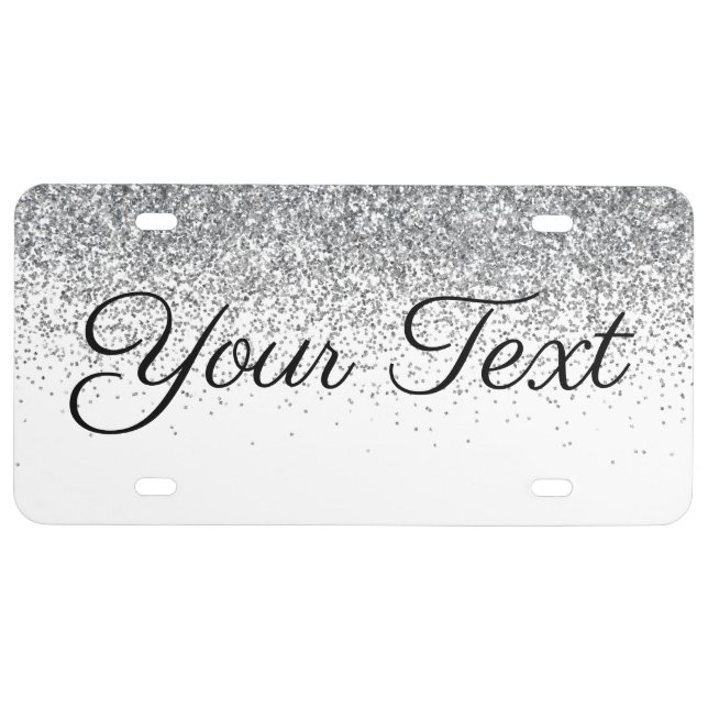 Glitter Custom Text License Plate Silver White (Front)