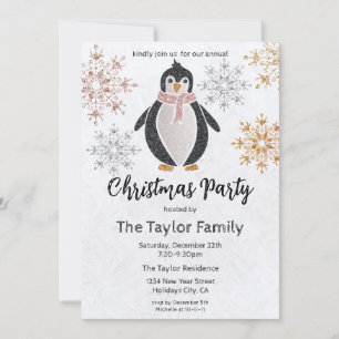 Glitter Cute Penguin Christmas Dinner Party Invita Invitation
