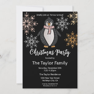 Glitter Cute Penguin Christmas Dinner Party Invitation