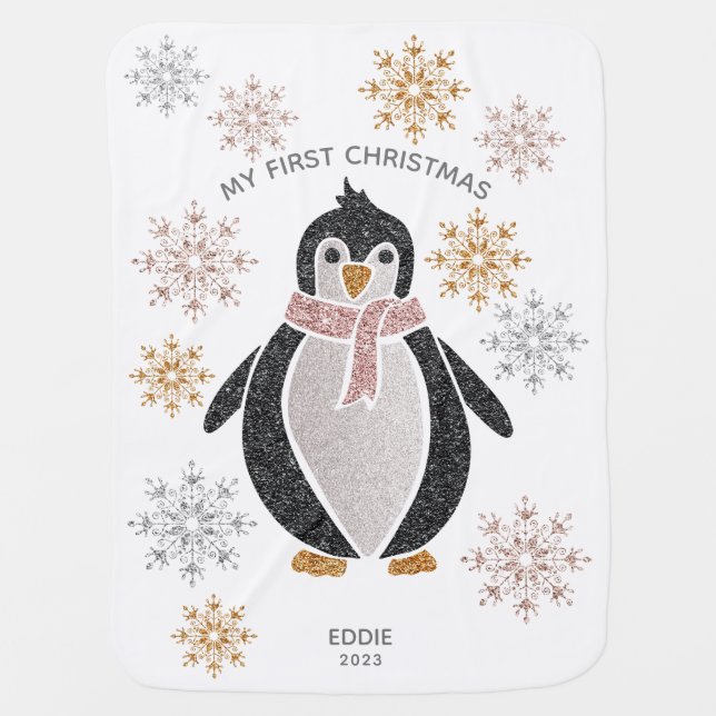 Glitter Cute Penguin ChristmasFirst Christmas Baby Blanket (Front)