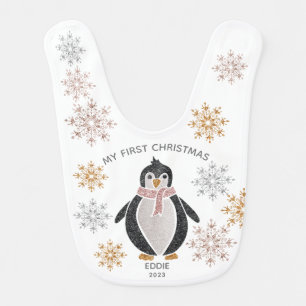 Glitter Cute Penguin First Christmas Baby Baby Bib