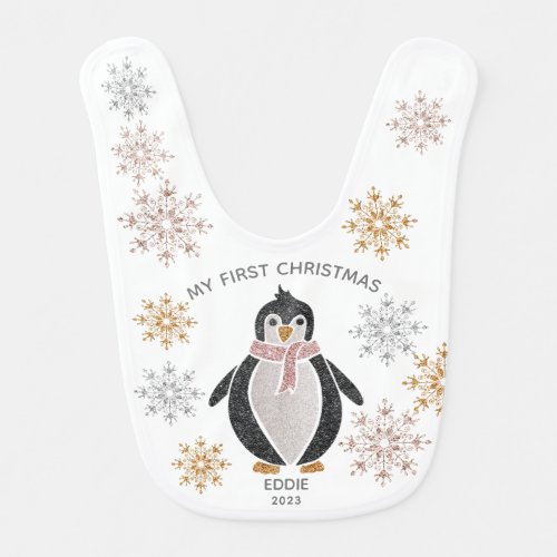 Glitter Cute Penguin First Christmas Baby Baby Bib