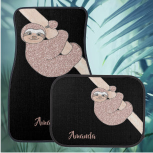 Glitter Cute Slothl Rose Gold Black Personalized Car Floor Mat
