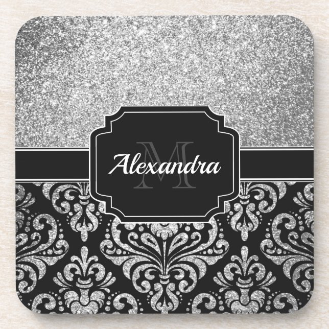 Glitter Damask Beverage Coaster (Front)