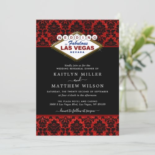 Glitter Damask Las Vegas Wedding Rehearsal Dinner Invitation