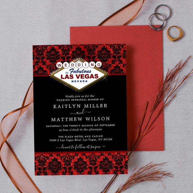 Glitter Damask Las Vegas Wedding Rehearsal Dinner Invitation (Creator Uploaded)