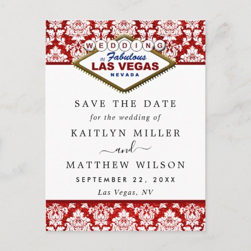 Glitter Damask Las Vegas Wedding Save The Date Announcement Postcard