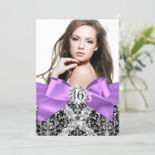 Glitter Damask & Purple Bow Sweet 16 Photo Invite (Standing Front)
