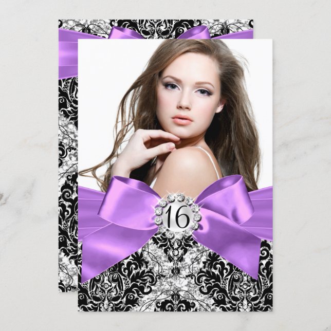 Glitter Damask & Purple Bow Sweet 16 Photo Invite (Front/Back)