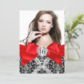 Glitter Damask & Red Bow Sweet 16 Photo Invite (Standing Front)