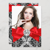 Glitter Damask & Red Bow Sweet 16 Photo Invite (Front/Back)