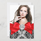 Glitter Damask & Red Bow Sweet 16 Photo Invite