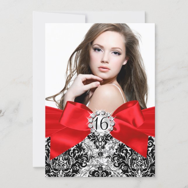 Glitter Damask & Red Bow Sweet 16 Photo Invite (Front)