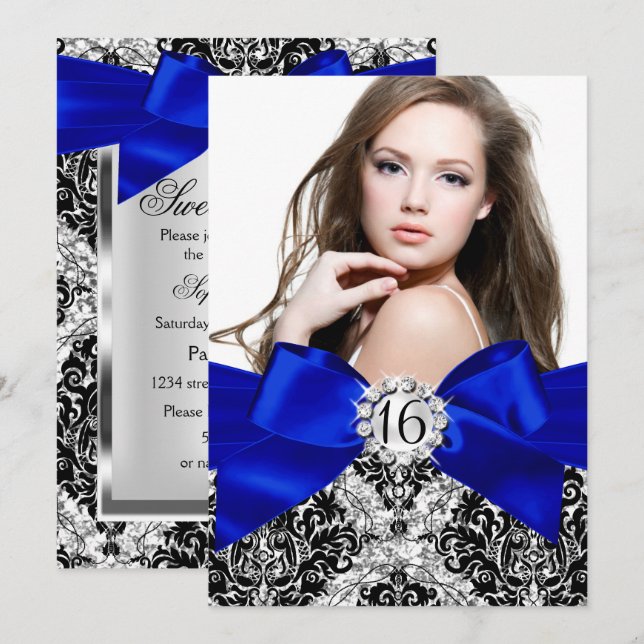 Glitter Damask & Royal Blue Bow Sweet 16 Photo Invitation (Front/Back)