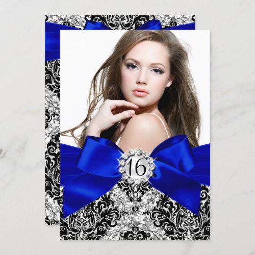 Glitter Damask  Royal Blue Bow Sweet 16 Photo Invitation