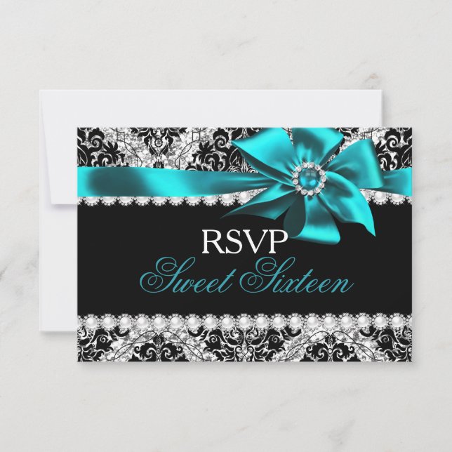Glitter Damask & Teal Jewel Bow Sweet 16 RSVP (Front)
