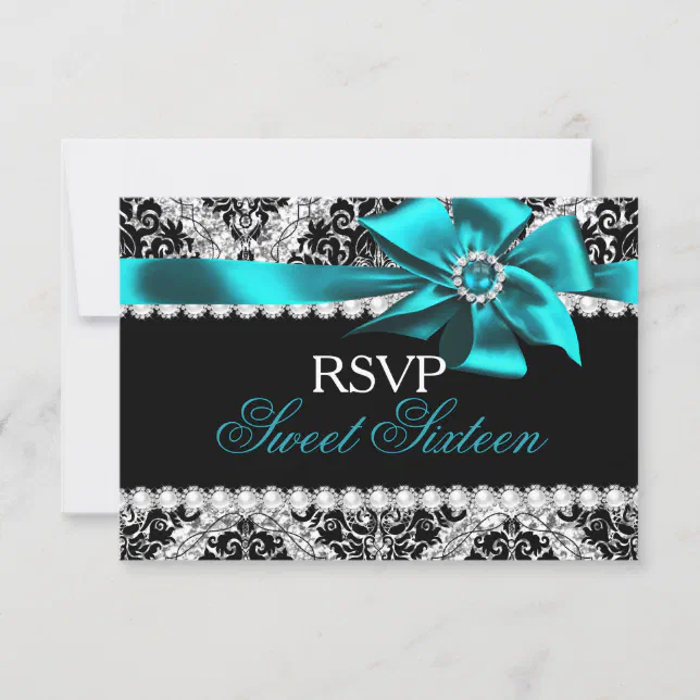 Glitter Damask And Teal Jewel Bow Sweet 16 Rsvp Zazzle