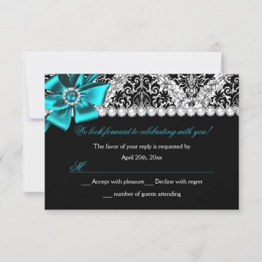 Glitter Damask And Teal Jewel Bow Sweet 16 Rsvp Zazzle